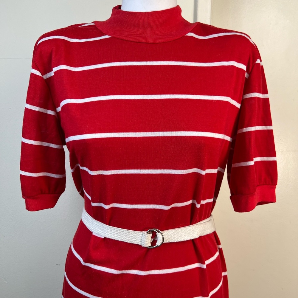 VTG Red & White Stripe Belted T-Shirt Dress - Picture 5 of 14